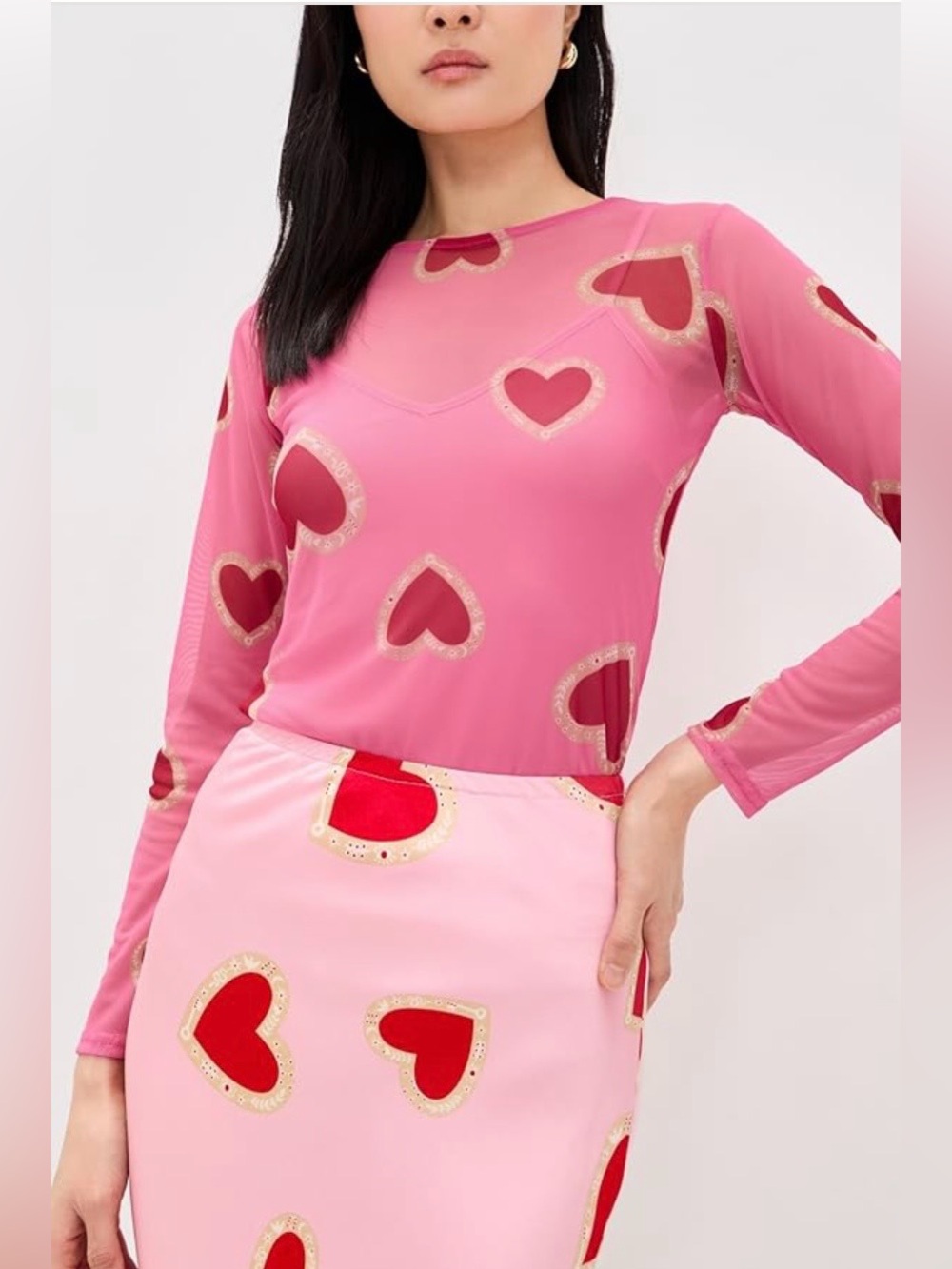 Never Fully Dressed Pink Heart Print Sheer Mesh Top, size Small